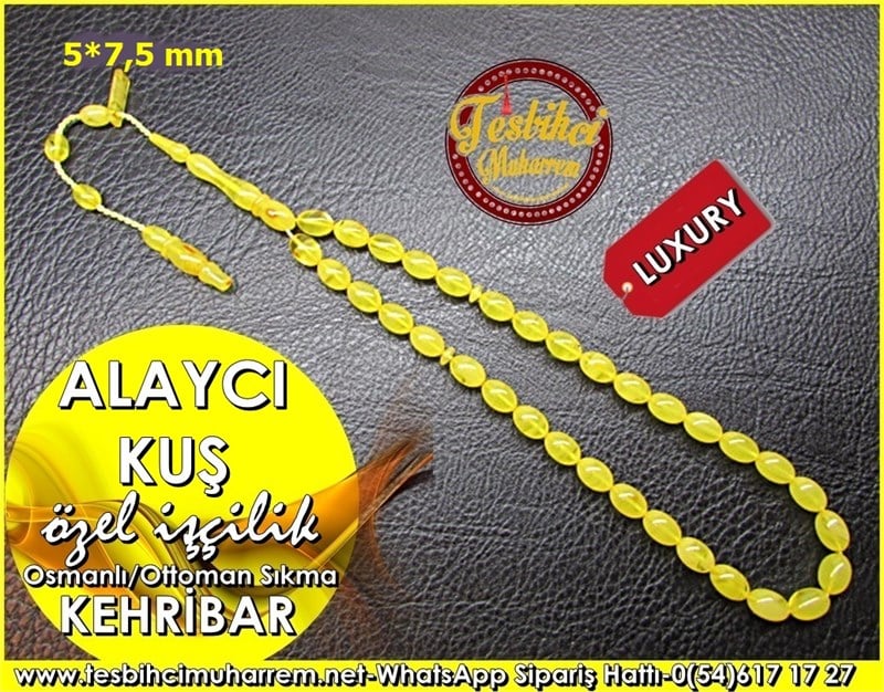 Özel İşçilik Objeden Bileklik Boy Sarı Osmanlı Sıkma Kehribar Tesbih 5*7.5 mm Alaycı Kuş