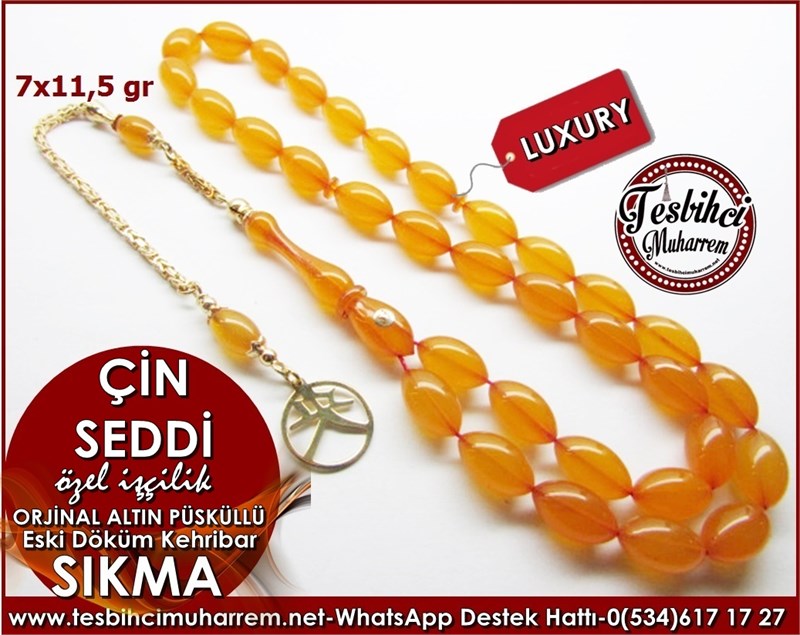 Özel İşçilik Orjin Altın Püsküllü Sıkma Kehribar Tesbih Çin Seddi 