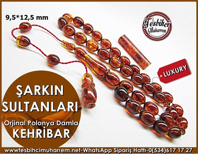 Özel İşçilik Orjinal Polonya Damla Kehribar Tesbih 9,5*12,5 Şarkın Sultanları  