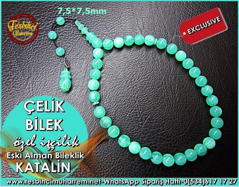 Özel İşçilik Turquise Miskevi Bileklik 7,5x7.5 mm Eski Alman Katalin Tesbih Çelik Bilek