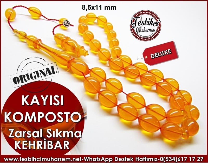 Özel İşçilik Zar Tonda Sıkma Kehribar Tesbih Kayısı Komposto
