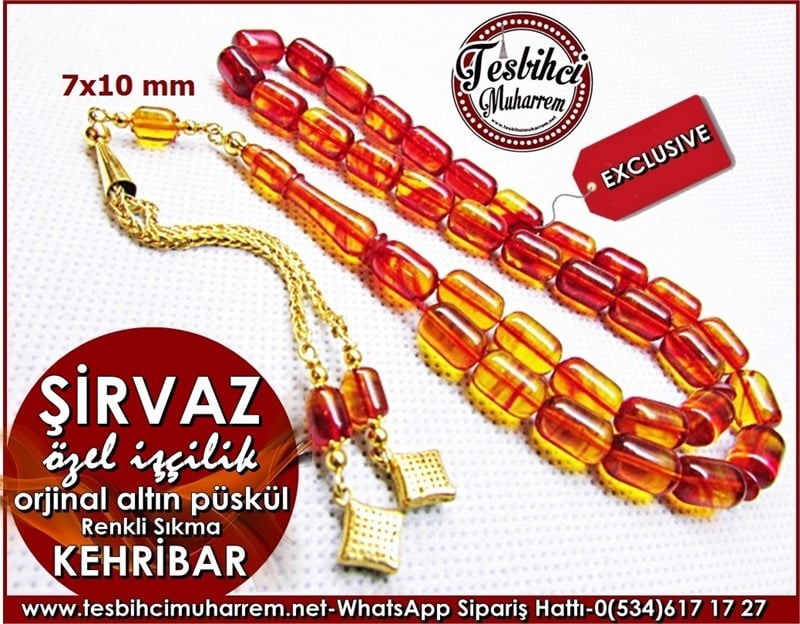 Özel İşçilikli Altın Püsküllü Renkli  Sıkma Kehribar Tesbih 7*10 mm Şirvaz