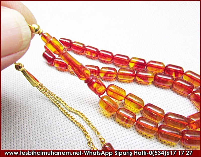 Özel İşçilikli Altın Püsküllü Renkli  Sıkma Kehribar Tesbih 7*10 mm Şirvaz