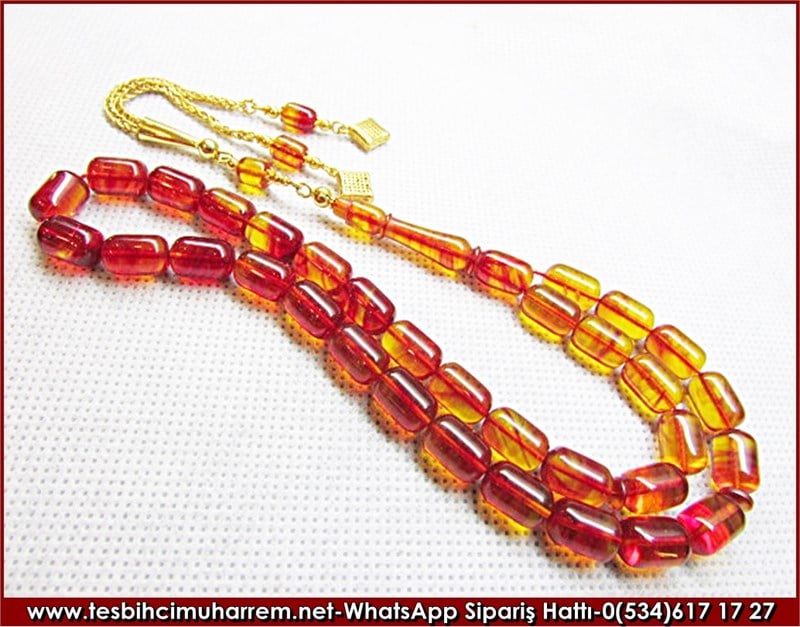 Özel İşçilikli Altın Püsküllü Renkli  Sıkma Kehribar Tesbih 7*10 mm Şirvaz