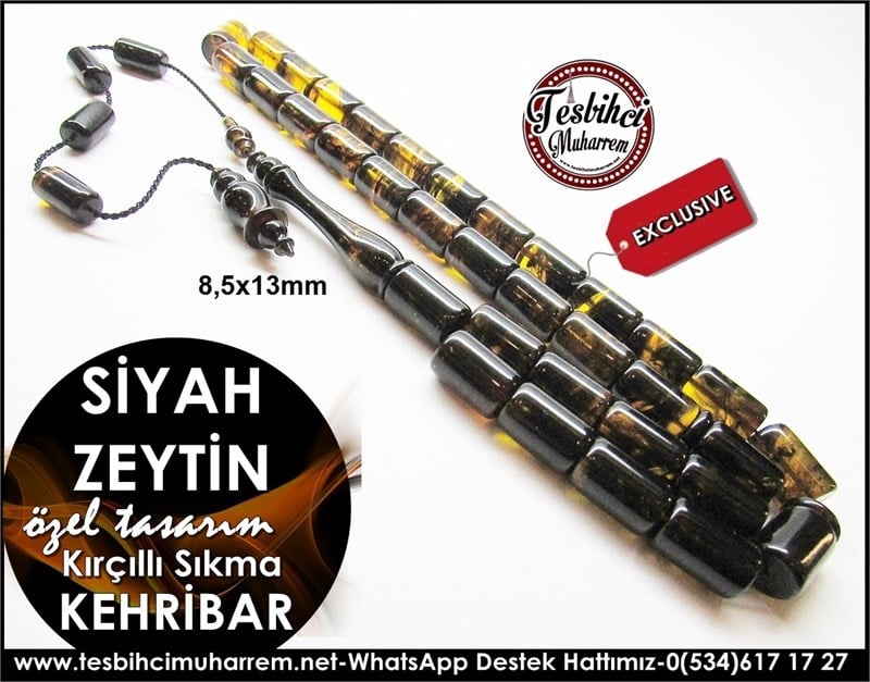 Özel Tasarım Kırçıllı Sıkma Kehribar Tesbih Siyah Zeytin