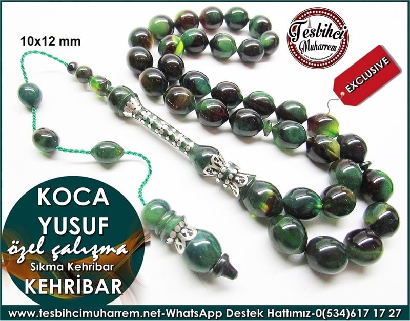 Özel Tasarım Orman Yeşili Sıkma Kehribar Tesbih Koca Yusuf 