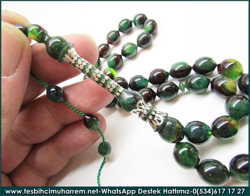 Özel Tasarım Orman Yeşili Sıkma Kehribar Tesbih Koca Yusuf 