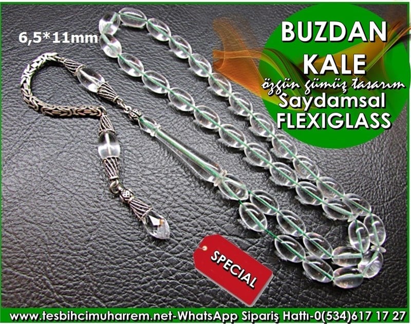Özgün Gümüş Tasarım Beyzi Kesim 6,5x11 mm Saydamsal Flexiglass Tesbih Buzdan Kale