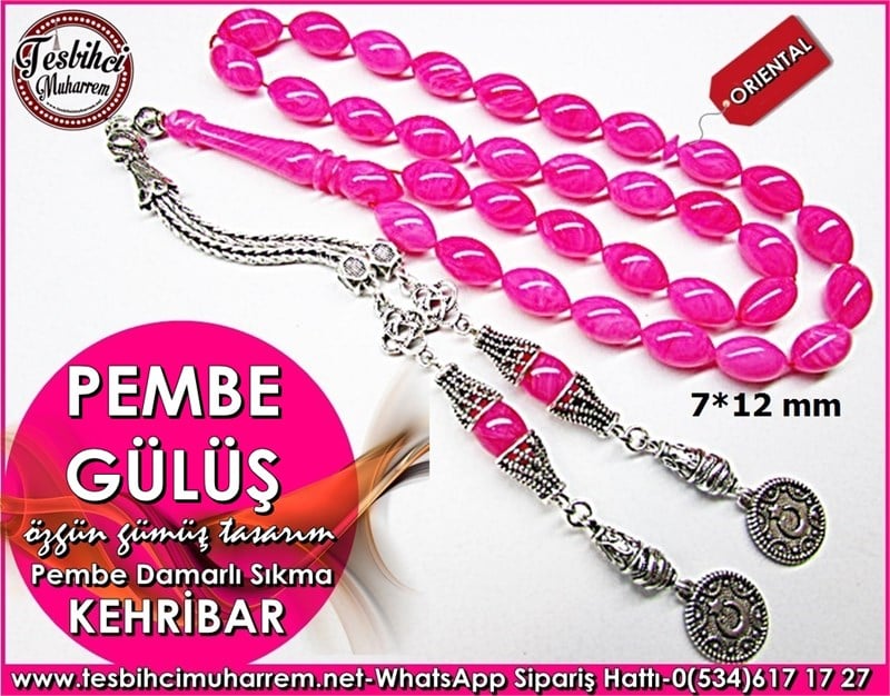 Özgün Gümüş Tasarım Beyzi Kesim 7*12 mm Sıkma Kehribar Tesbih Pembe Gülüş