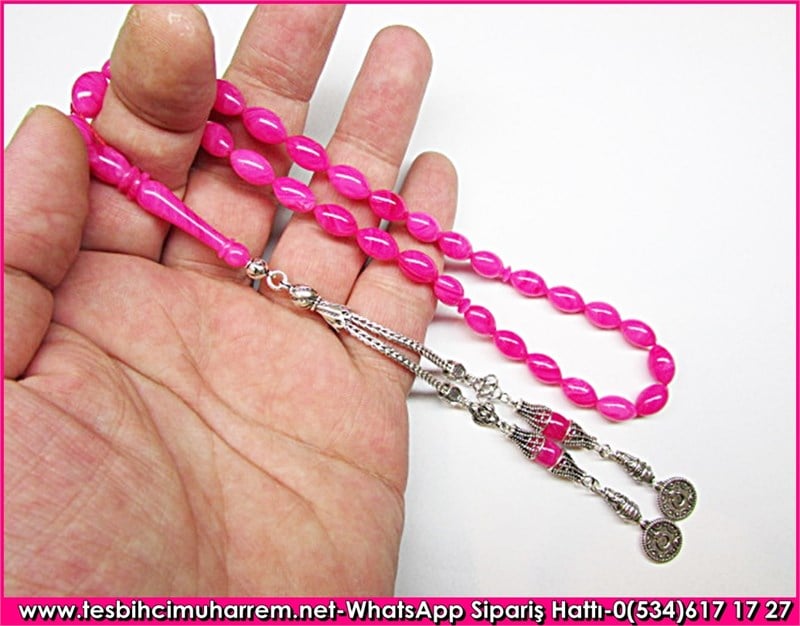 Özgün Gümüş Tasarım Beyzi Kesim 7*12 mm Sıkma Kehribar Tesbih Pembe Gülüş