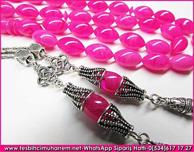 Özgün Gümüş Tasarım Beyzi Kesim 7*12 mm Sıkma Kehribar Tesbih Pembe Gülüş