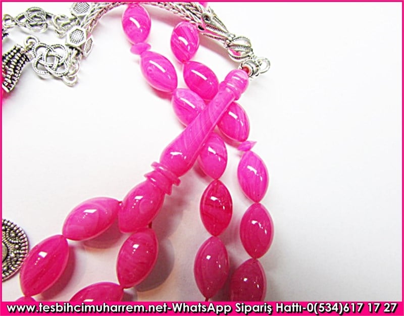Özgün Gümüş Tasarım Beyzi Kesim 7*12 mm Sıkma Kehribar Tesbih Pembe Gülüş