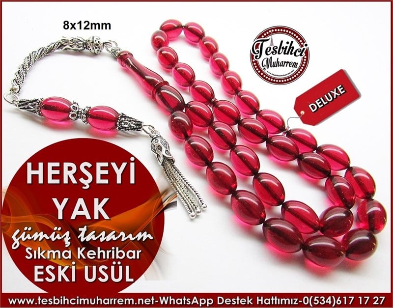 Özgün Gümüş Tasarım Eski Usül Sıkma Kehribar Tesbih Herşeyi Yak 