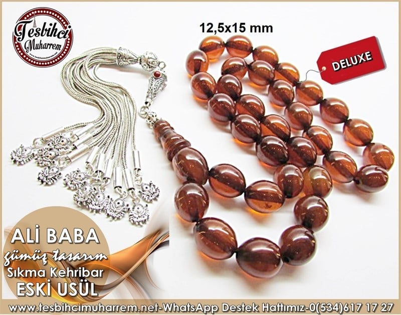 Özgün Gümüş Tasarım İri Boy Eski Usül Sıkma Kehribar Tesbih Ali Baba