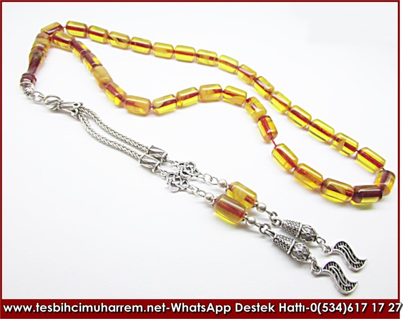 Özgün Gümüş Tasarım Vintage Eski Usül Sıkma Kehribar Tesbih Bergamalı