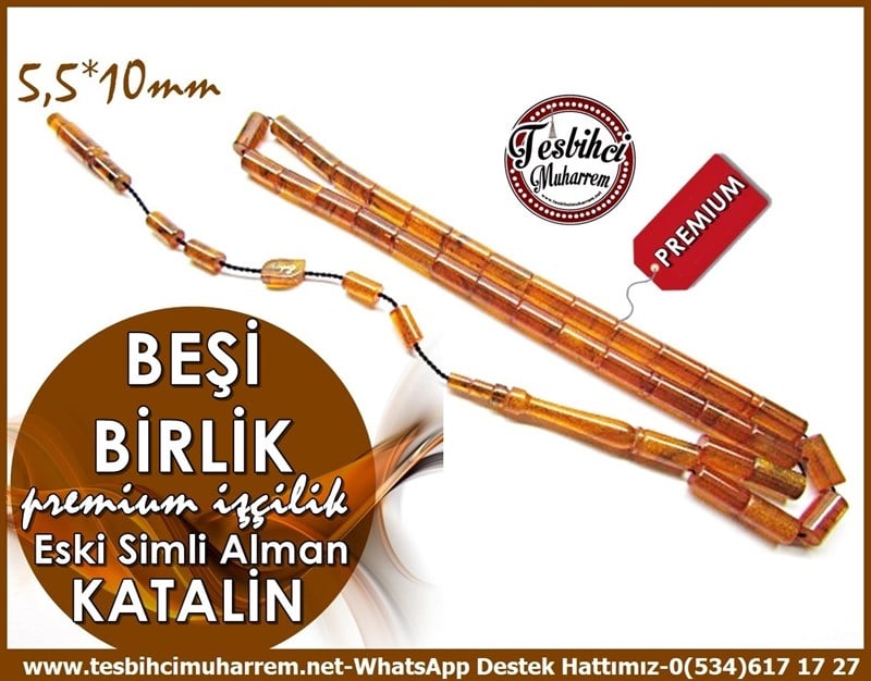 Premium İşçilik Dik Kesme Eski Kum Simli Alman Katalin Tesbih Beşi Birlik