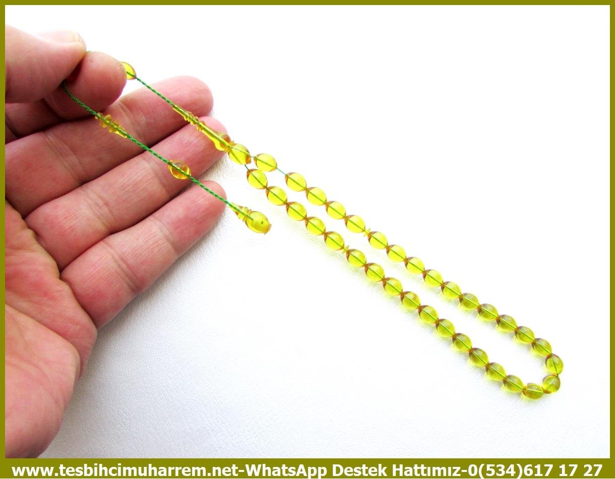 Sarı Ton TesbihlerTM13807Reşat Bozyel Usta El İşçiliği Tespih | Oriental Ateş Kehribar, Dominik Yeşili Renk, Beyzi Kesim – 