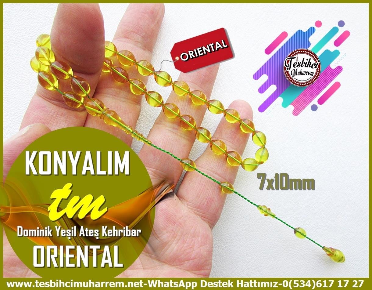 Sarı Ton TesbihlerTM13807Reşat Bozyel Usta El İşçiliği Tespih | Oriental Ateş Kehribar, Dominik Yeşili Renk, Beyzi Kesim – 