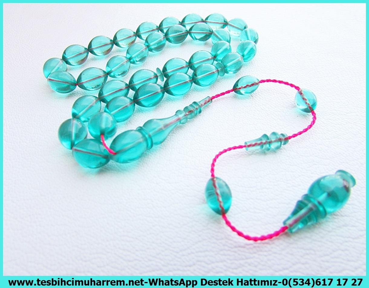 Mavi Ton TesbihlerTM13808Reşat Bozyel Usta El İşçiliği Tespih | Oriental Ateş Kehribar, Aqua Blue Mavi Renk, Beyzi Kesim – 