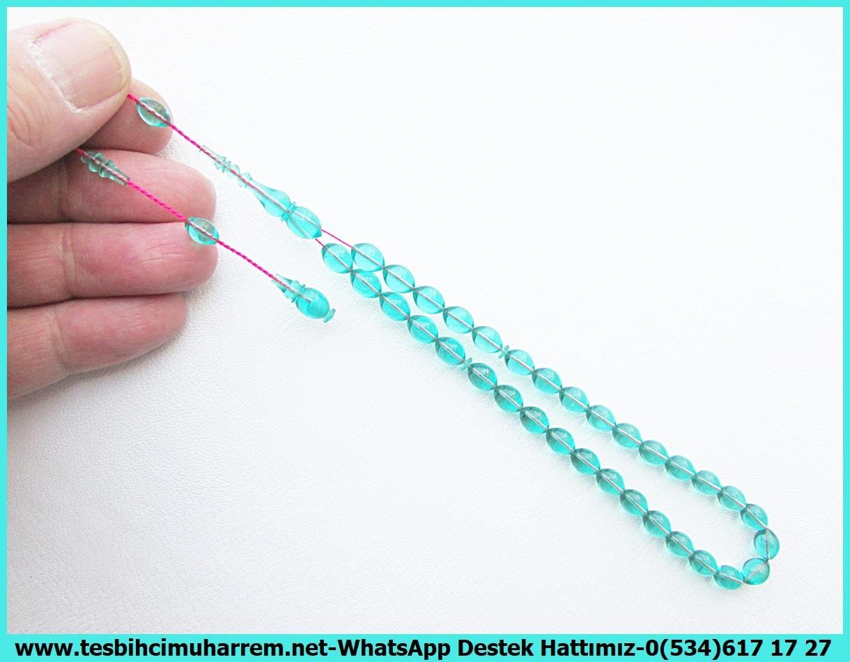 Mavi Ton TesbihlerTM13808Reşat Bozyel Usta El İşçiliği Tespih | Oriental Ateş Kehribar, Aqua Blue Mavi Renk, Beyzi Kesim – 