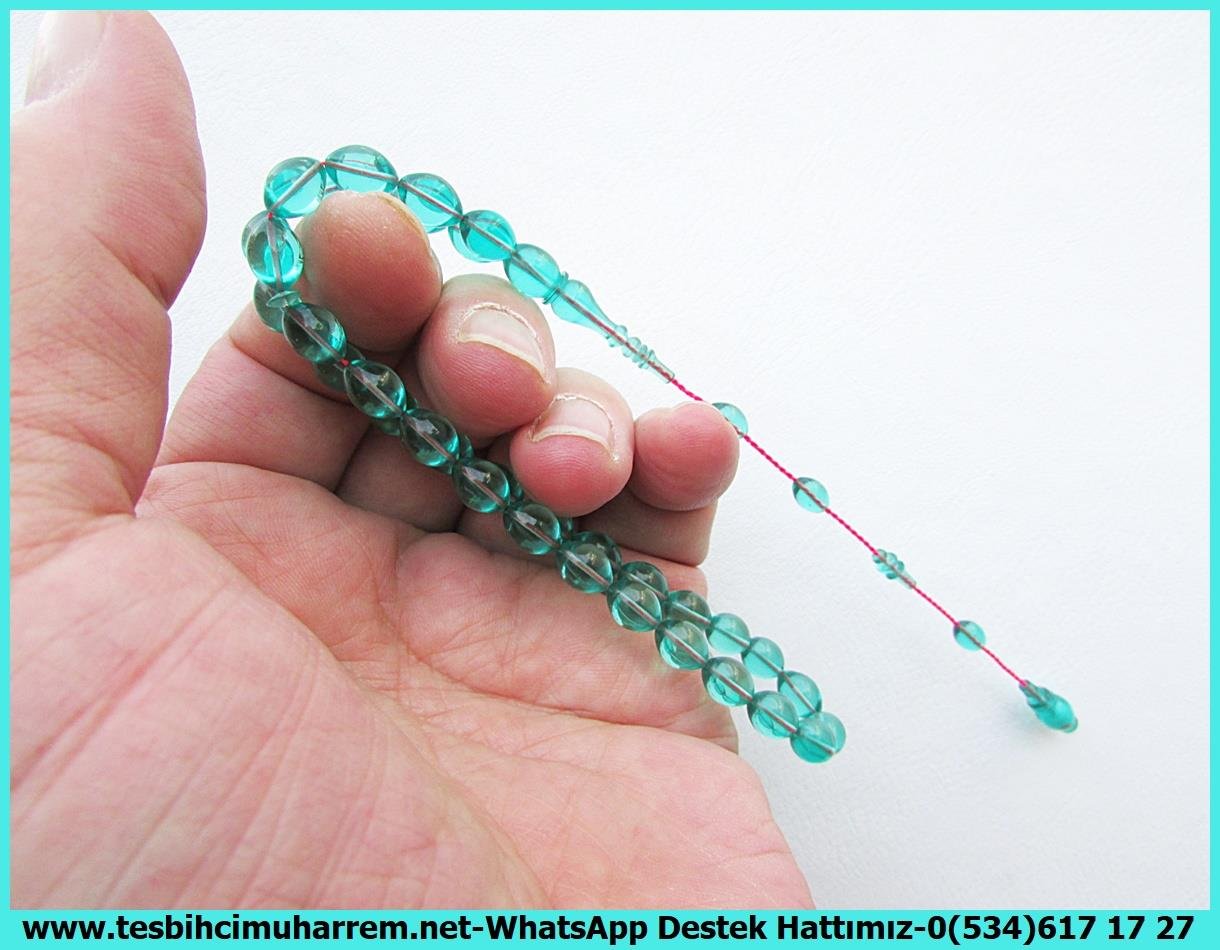 Mavi Ton TesbihlerTM13808Reşat Bozyel Usta El İşçiliği Tespih | Oriental Ateş Kehribar, Aqua Blue Mavi Renk, Beyzi Kesim – 