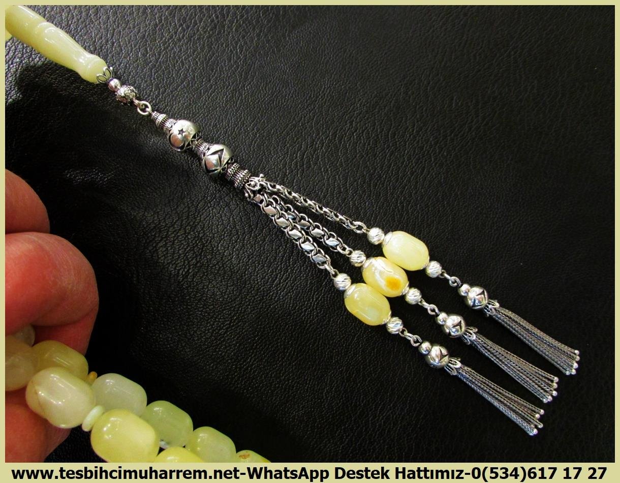  Damla Kehribar TesbihlerTM13686Rus Usta Yurtdışı İşçilik | Damla Kehribar Tespih, Kapsül Kesim, Beyaz Kraliçe Kayadan, Ağır Gümüş Püsküllü, 