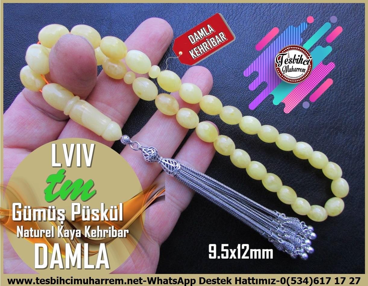  Damla Kehribar TesbihlerTM13655Russian Master Usta Tornası Tespih | Damla Kehribar, Kapsül Kesim Ağır Gümüş Püsküllü, 