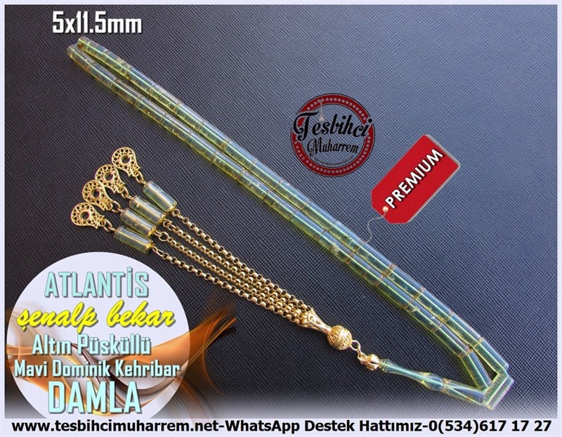 Baltık Fosilli Damla TesbihlerTM11298Tesbih Mavi Dominik Damla Kehribar Dik Kesme Altın Püsküllü AtlantisTesbih Mavi Dominik Damla Kehribar Dik Kesme Altın Püsküllü Atlantis