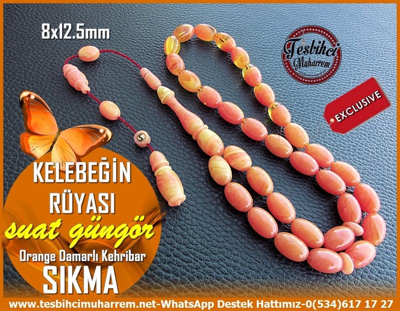 Turuncu Kehribar TesbihlerTM11429Tesbih Sıkma Kehribar Damarlı Turuncu Badem Kesim Kelebeğin RüyasıTesbih Sıkma Kehribar Damarlı Turuncu Badem Kesim Kelebeğin Rüyası