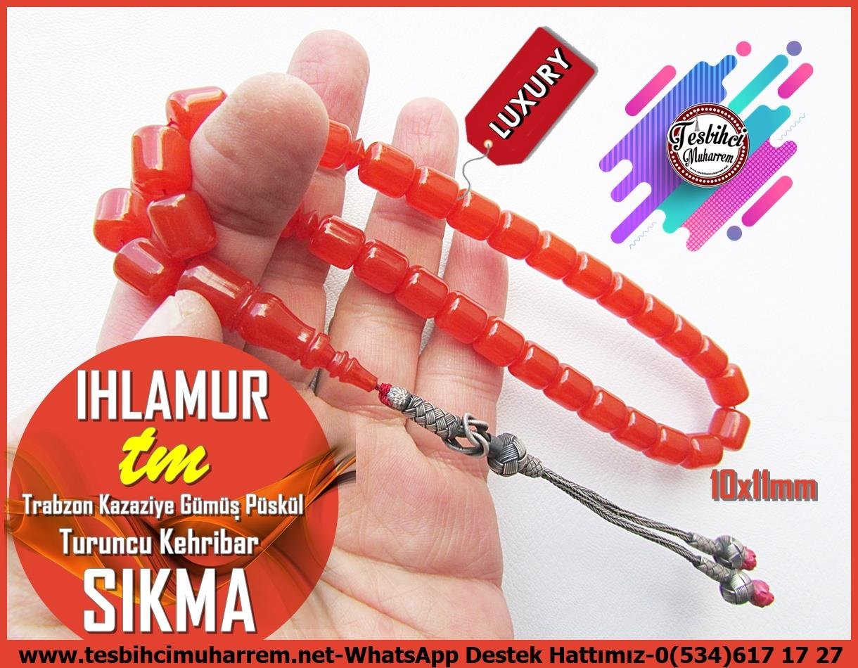 Turuncu Kehribar TesbihlerTM13634Tesbihci Muharrem Dizayn | Sıkma Kehribar Gümüş Kazaziyeli Tespih,Turuncu Renk, Kapsül Kesim, 