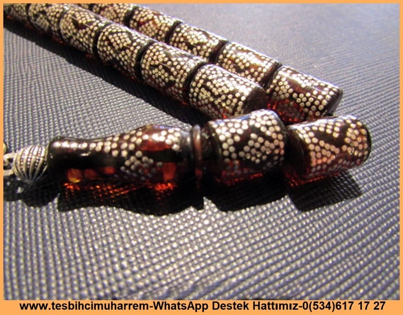 Türkiyede İlk Defa Damla Kehribar Üzerine Erzurum Gümüş Çakma Tesbih Maraşlı