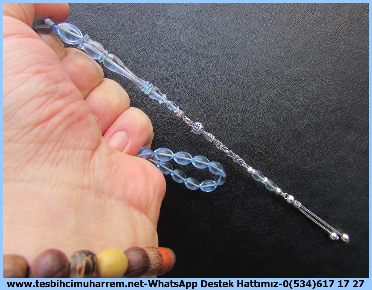 Amberoit TesbihlerTM13665Yaşar Gülseven Usta Tornası | Plexiglass Uçak Camı Tespih, Beyzi Kesim, Açık Mavi, Gümüş Püsküllü, 