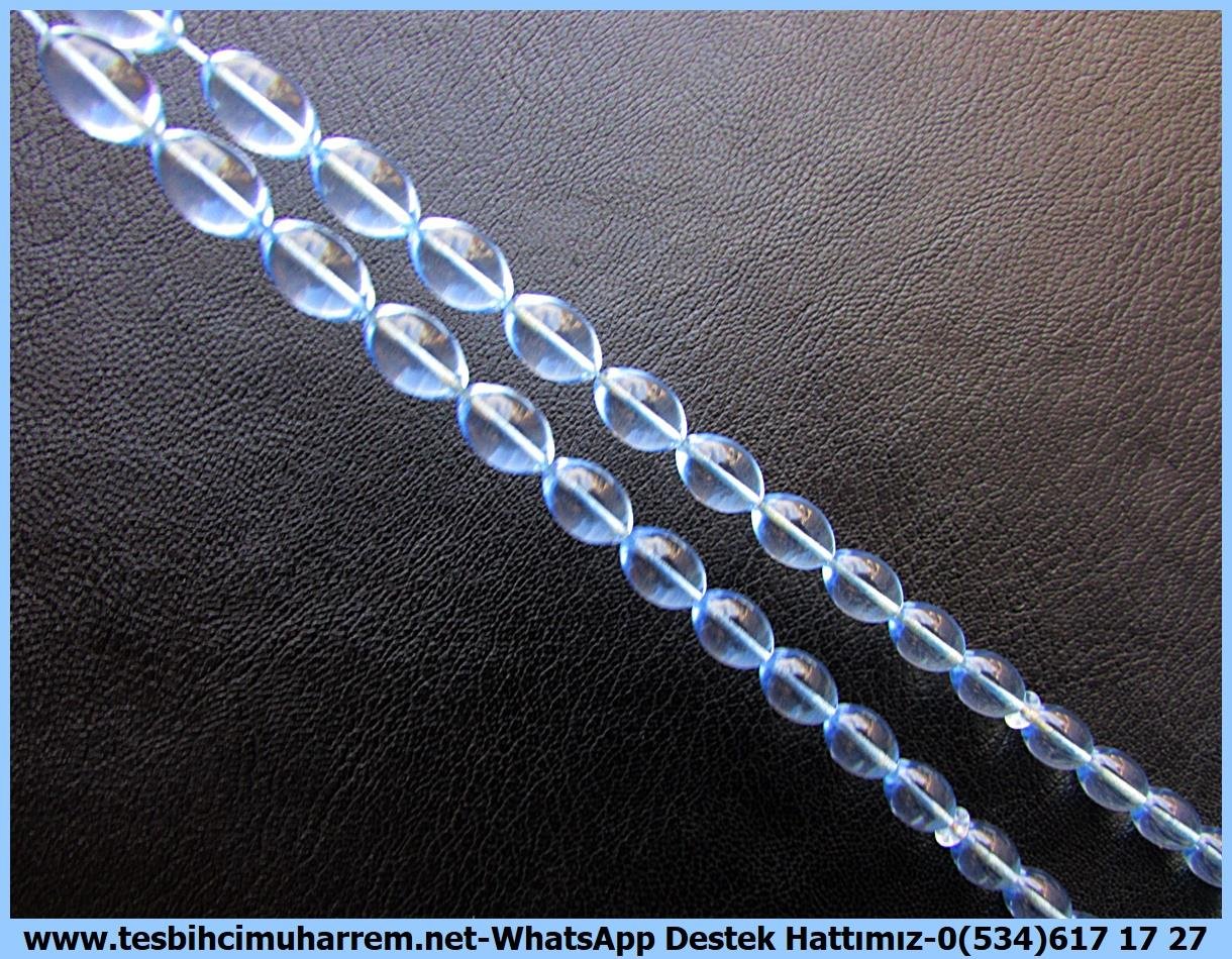 Amberoit TesbihlerTM13665Yaşar Gülseven Usta Tornası | Plexiglass Uçak Camı Tespih, Beyzi Kesim, Açık Mavi, Gümüş Püsküllü, 