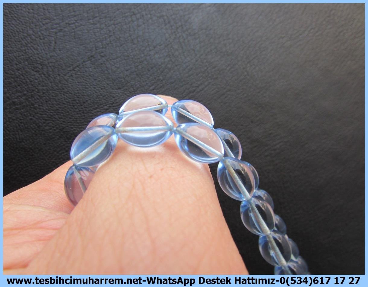 Amberoit TesbihlerTM13665Yaşar Gülseven Usta Tornası | Plexiglass Uçak Camı Tespih, Beyzi Kesim, Açık Mavi, Gümüş Püsküllü, 