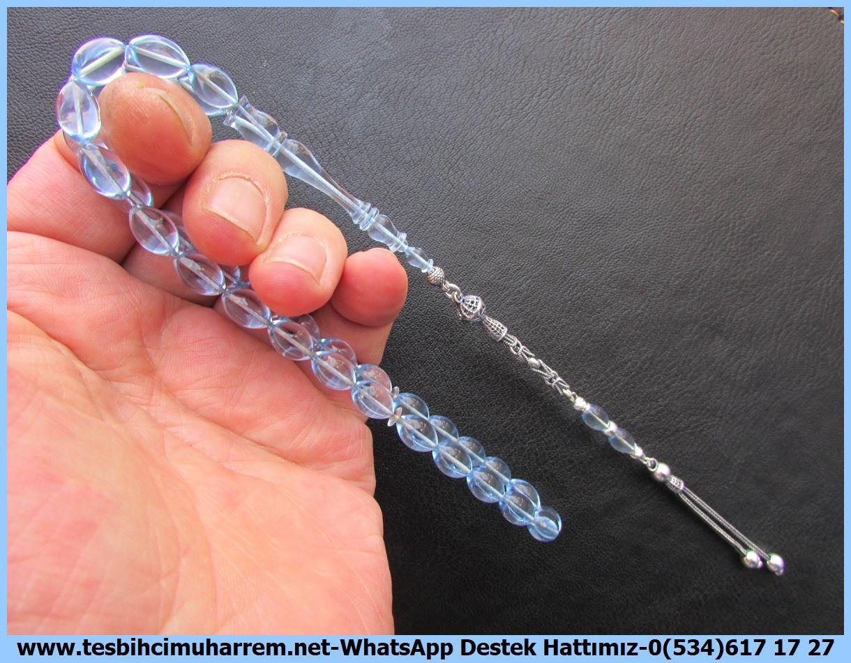Amberoit TesbihlerTM13665Yaşar Gülseven Usta Tornası | Plexiglass Uçak Camı Tespih, Beyzi Kesim, Açık Mavi, Gümüş Püsküllü, 