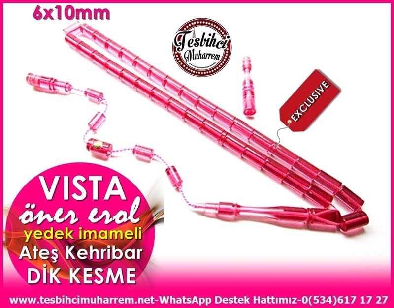 Yedek İmameli Özel Dik Kesme Pembe Ateş Kehribar Tesbih Vista 