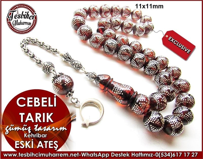 Yoğun Gümüş Çakma Eski Ateş Kehribar Tesbih Cebeli Tarık