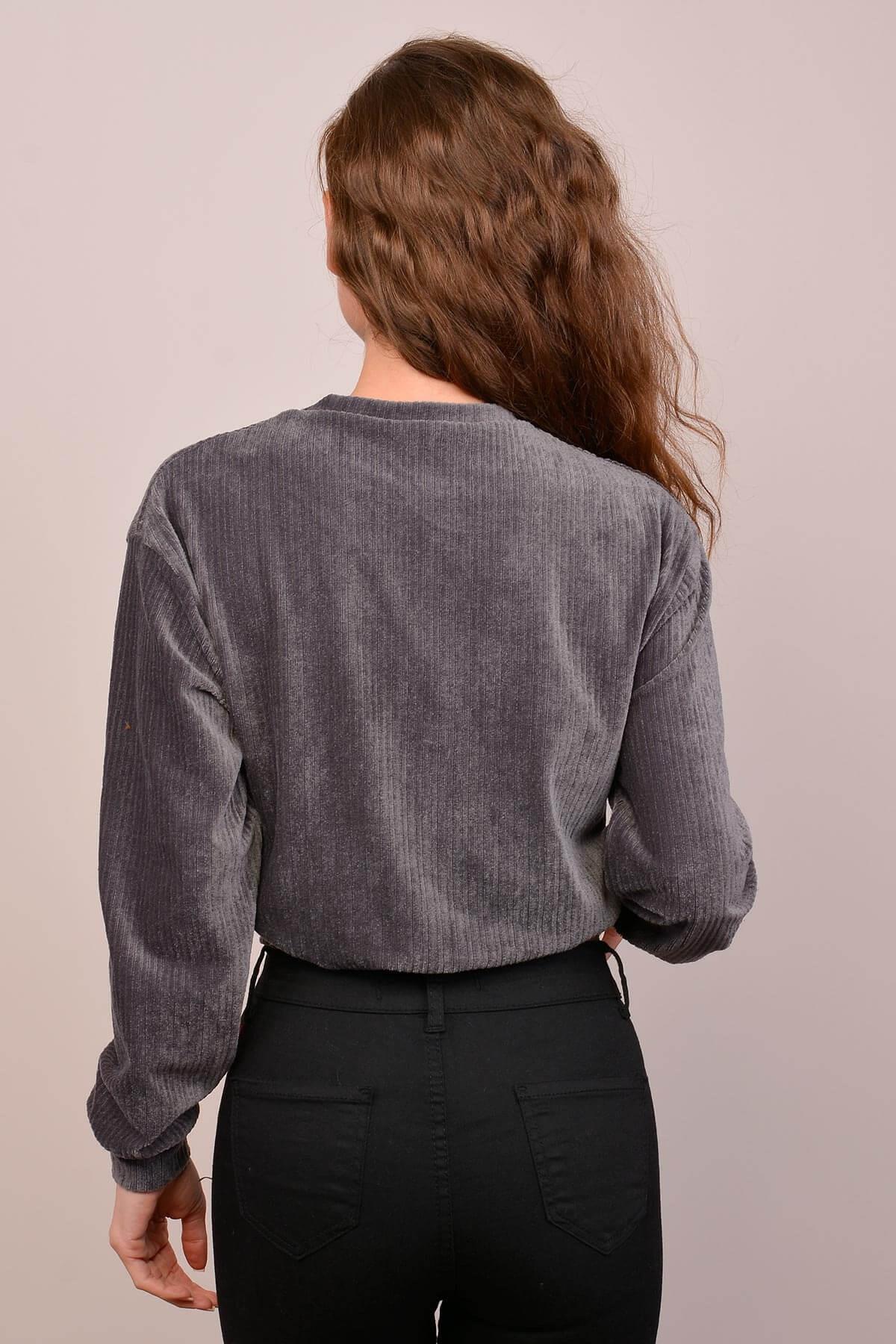 Antrasit Kadife Kısa Sweatshirt