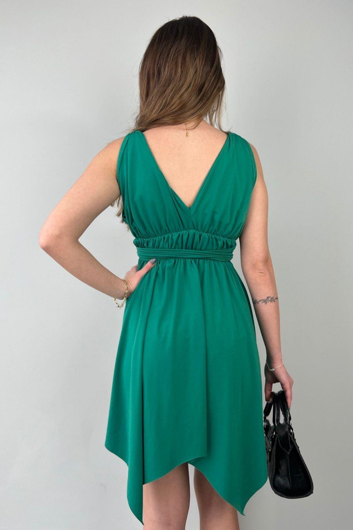 Asimetrik Kesim Düğüm Detaylı Elbise Yeşil