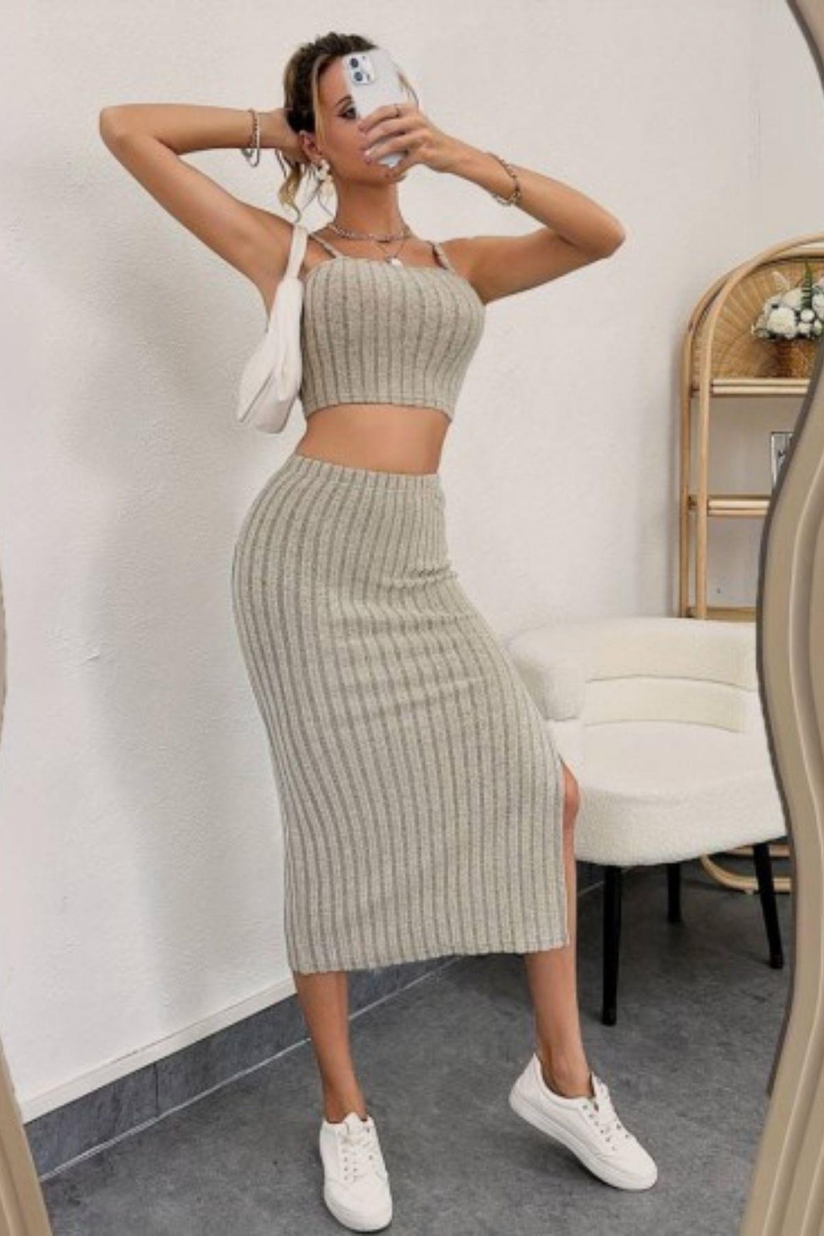 Askılı Crop Yırtmaçlı Midi Etek Fitilli Kaşkorse Takım Bej