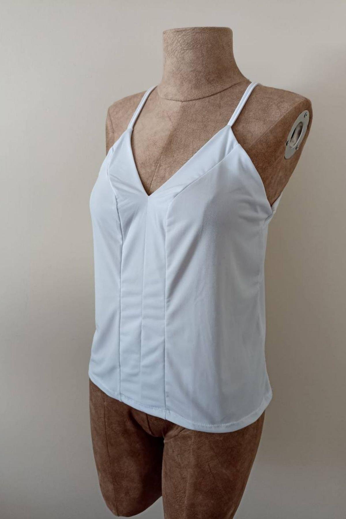 Askılı V Yaka Sandy Bluz Beyaz