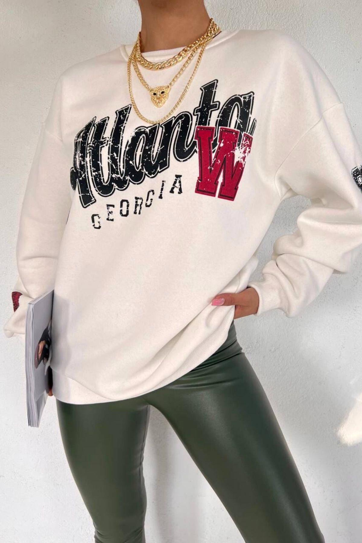 Atlanta Baskılı Basic Sweat Beyaz