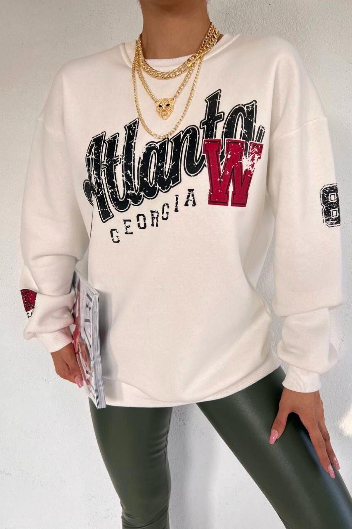 Atlanta Baskılı Basic Sweat Beyaz