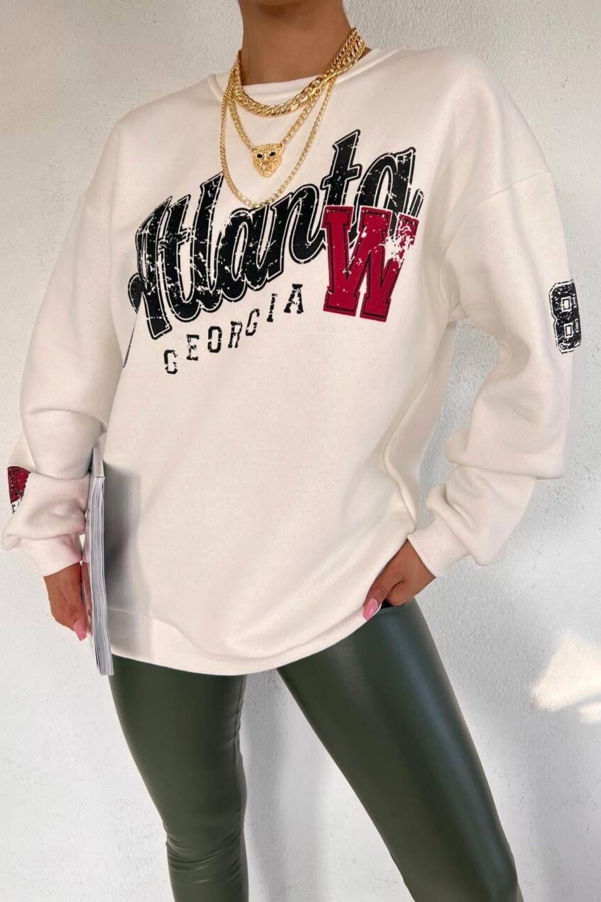 Atlanta Baskılı Basic Sweat Beyaz