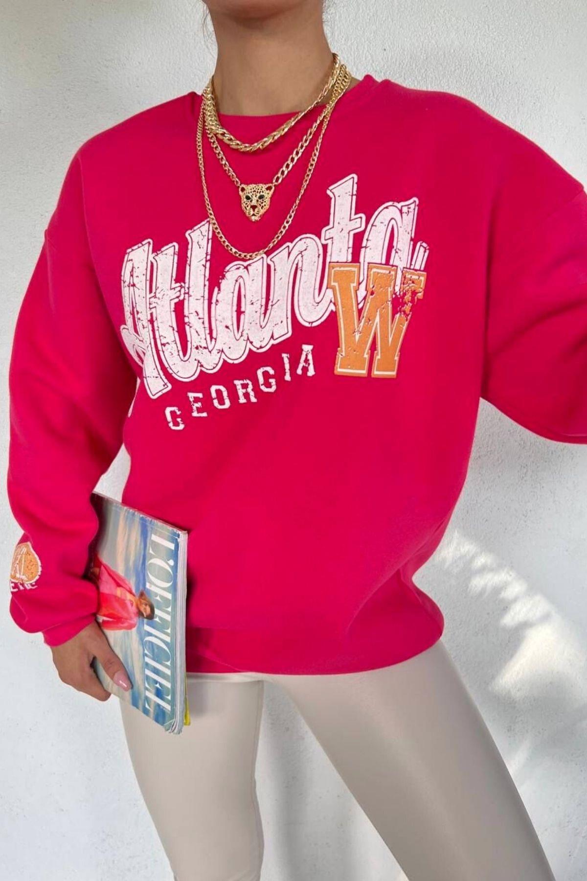 Atlanta Baskılı Basic Sweat Fuşya