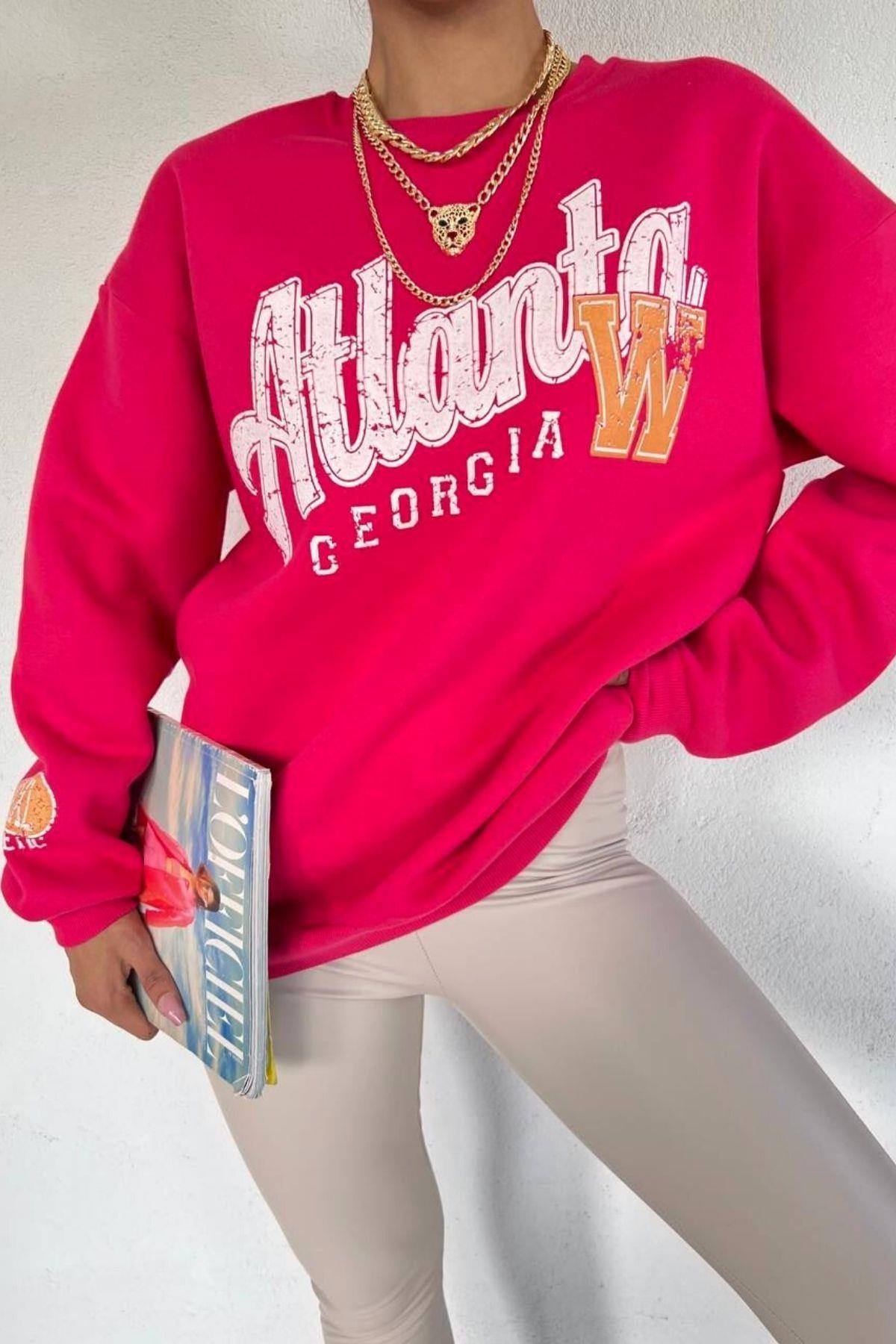 Atlanta Baskılı Basic Sweat Fuşya