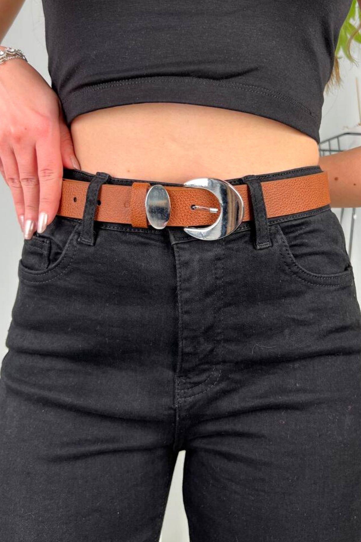 Ay Şekilli Metal Tokalı Kemer Taba
