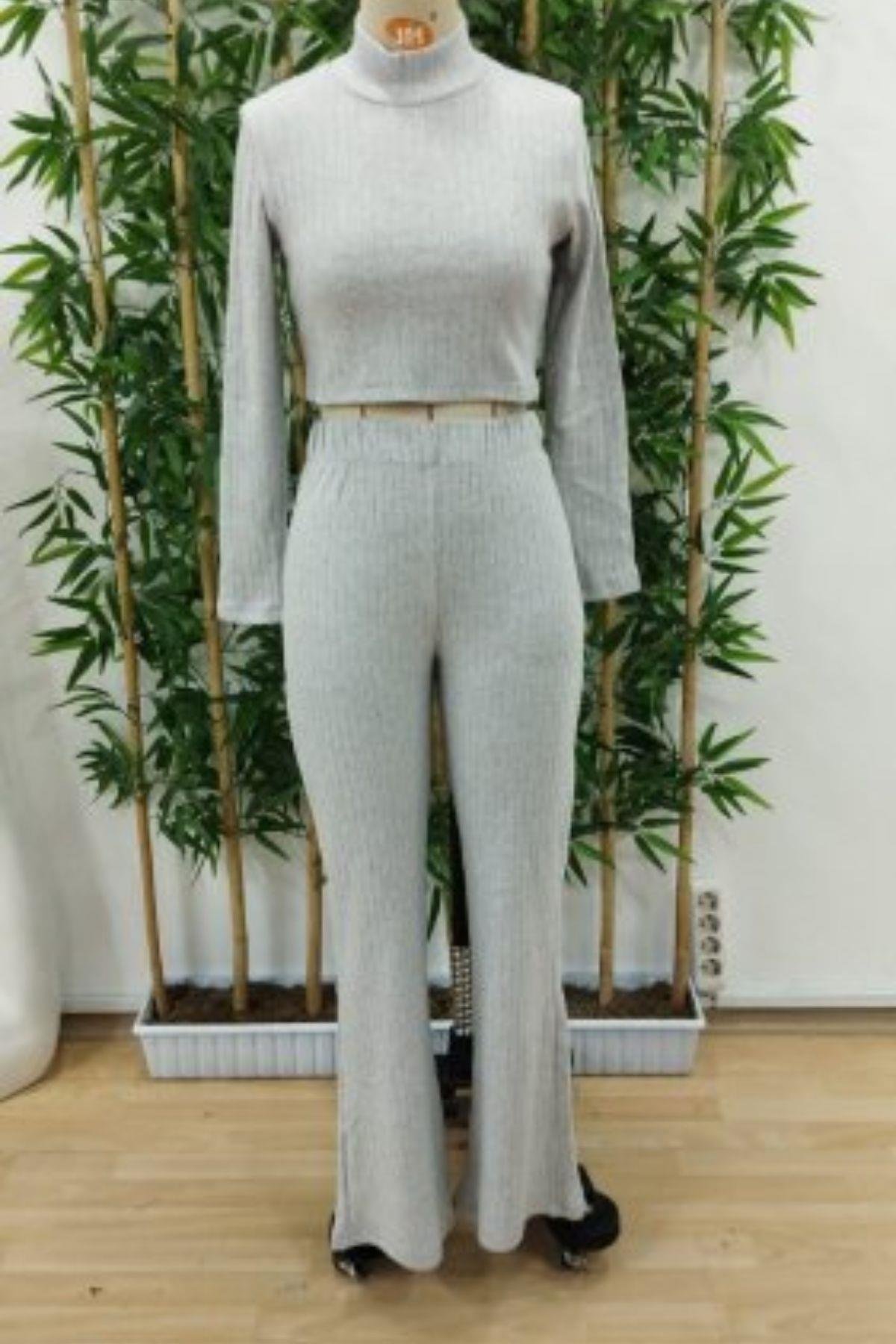 Balıkçı Yaka Crop Ve Pantolon Şardonlu Kaşkorse İkili Takım Gri