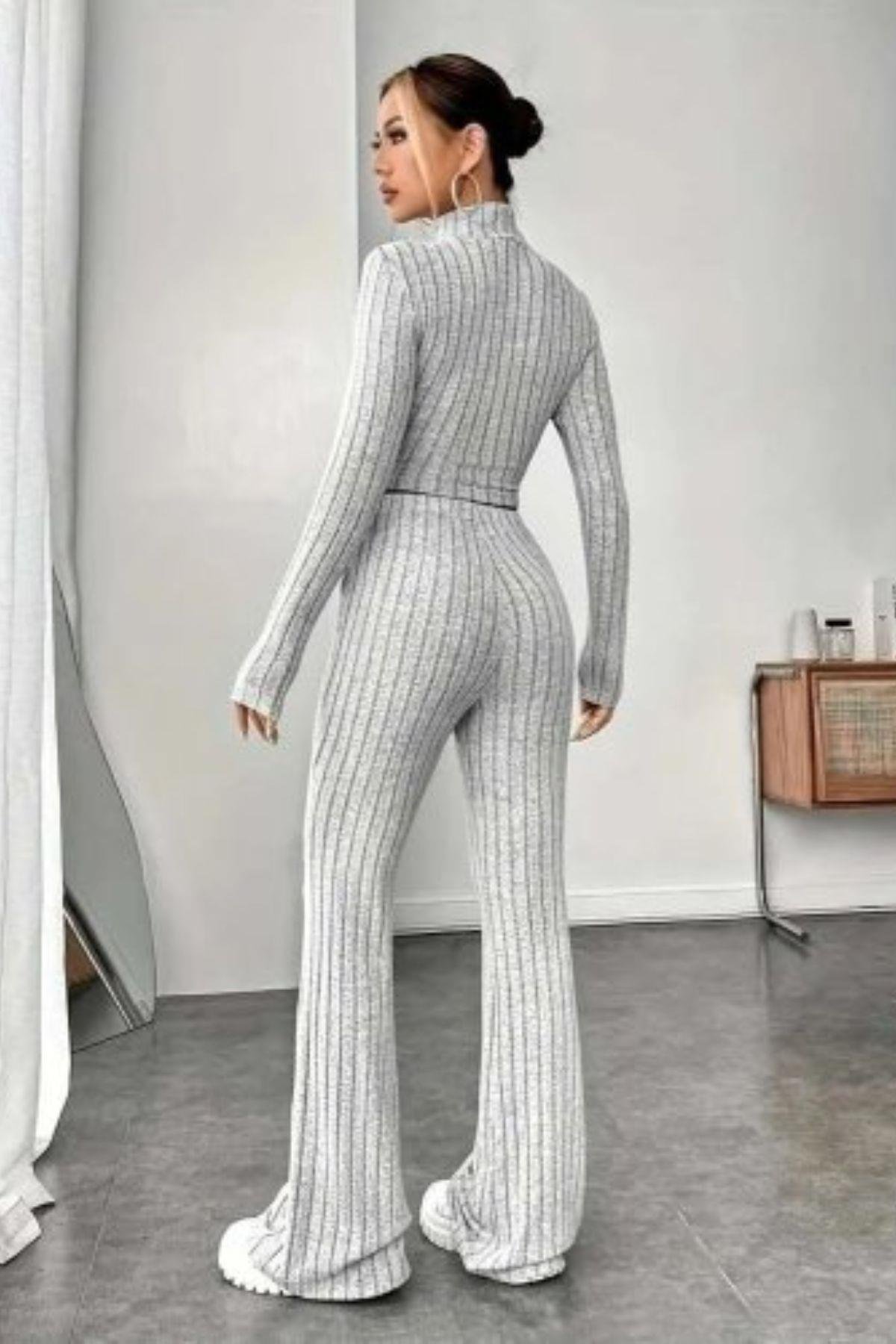 Balıkçı Yaka Crop Ve Pantolon Şardonlu Kaşkorse İkili Takım Gri