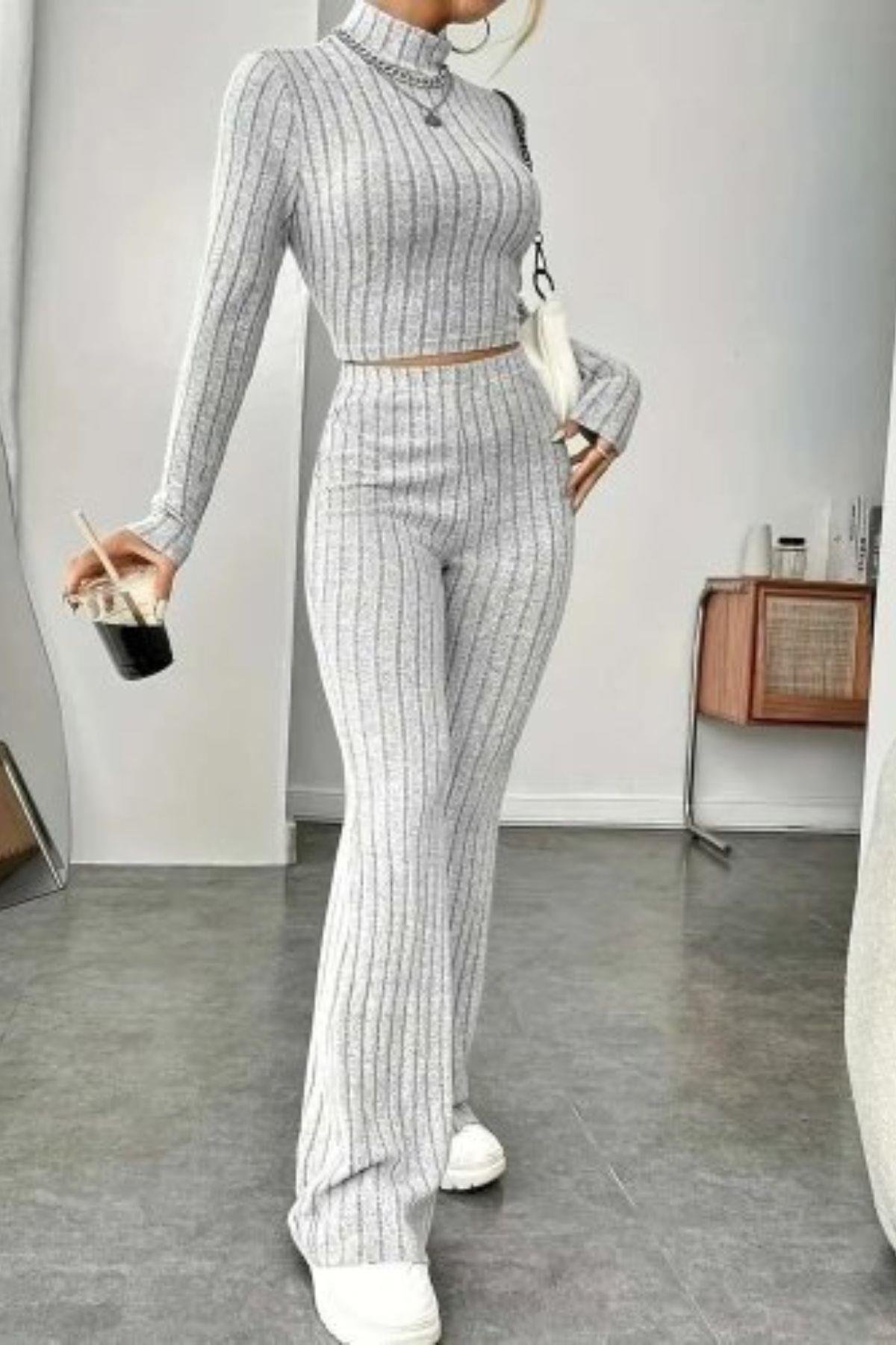 Balıkçı Yaka Crop Ve Pantolon Şardonlu Kaşkorse İkili Takım Gri